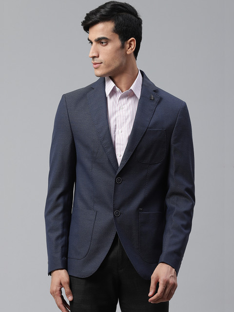

Blackberrys Men Navy Blue Textured Slim Fit Single-Breasted Formal Blazer