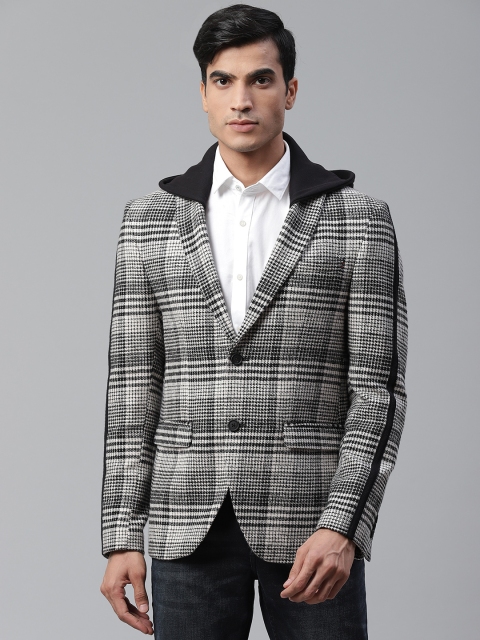 

Blackberrys Men White & Black Houndstooth Slim Fit Single Breasted Hooded Blazer