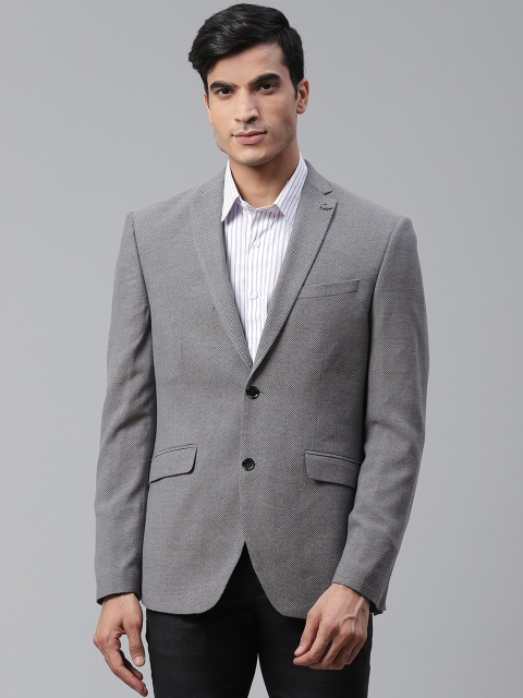 

Blackberrys Men Grey & Blue Self Design Slim Fit Single-Breasted Formal Blazer