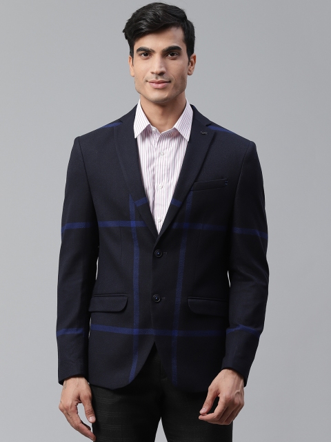 

Blackberrys Men Navy Blue Checked Slim Fit Single-Breasted Smart Casual Blazer