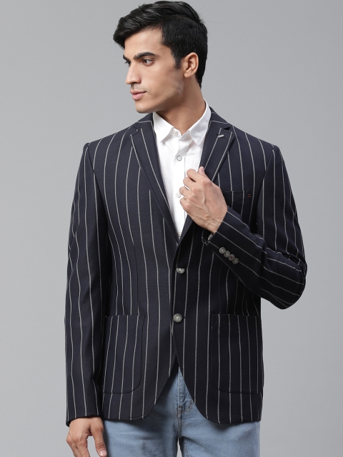 

Blackberrys Men Navy Blue & White Slim Fit Striped Single-Breasted Casual Blazer