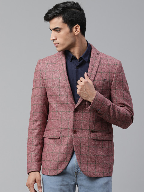 

Blackberrys Men Pink Checked Slim Fit Single-Breasted Casual Blazer