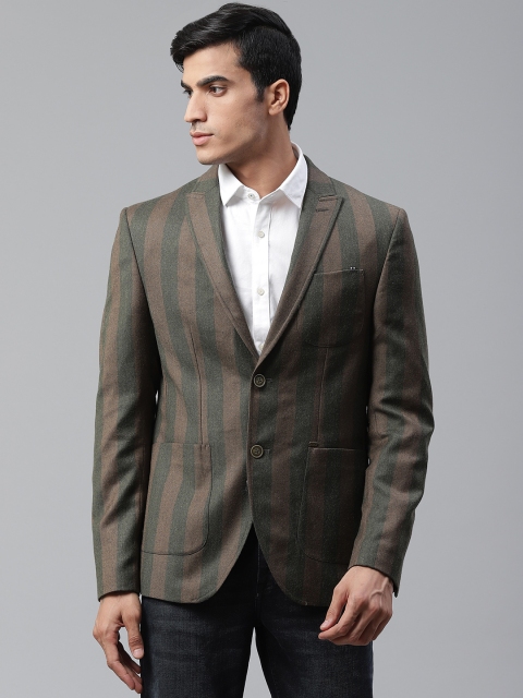 

Blackberrys Men Olive Green & Brown Striped Slim Fit Single-Breasted Casual Blazer