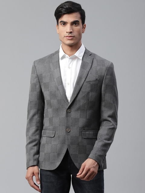 

Blackberrys Men Grey Self-Checked Slim Fit Single-Breasted Casual Blazer