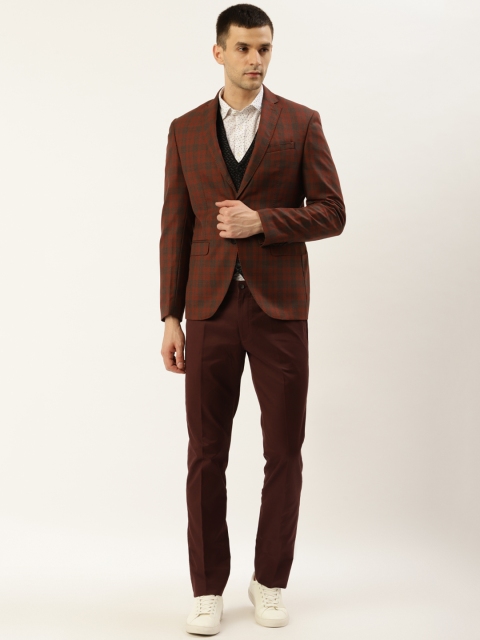 

Blackberrys Men Rust Orange & Olive Green Checked Slim Fit Single-Breasted Formal Suit