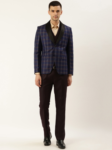 

Blackberrys Men Navy Blue & Burgundy Checked Slim Fit Single-Breasted Formal Suit