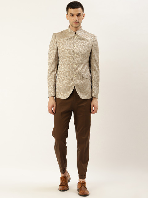 

Blackberrys Men Beige & Brown Slim Fit Printed Bandhgala Suit