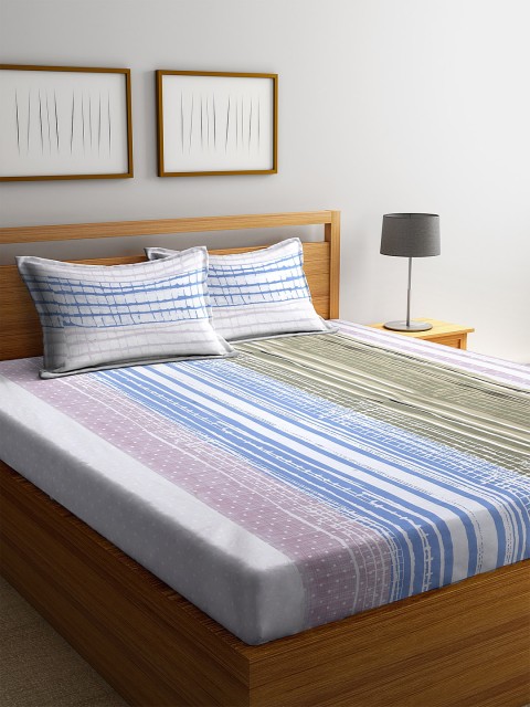 

BOMBAY DYEING White & Blue Striped 144 TC Cotton 1 Queen Bedsheet with 2 Pillow Covers