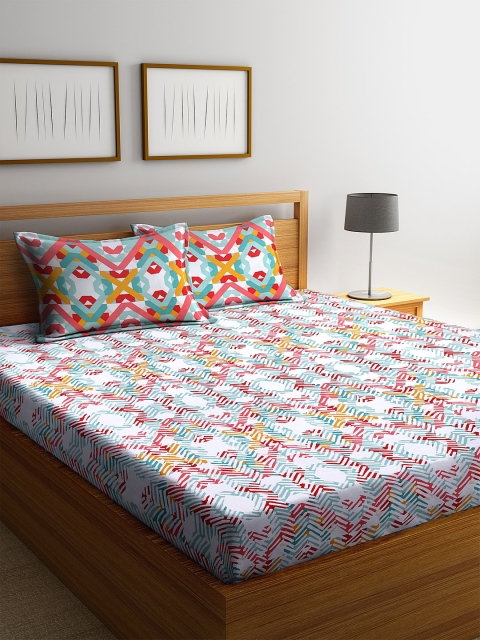 

BOMBAY DYEING White & Pink Abstract Queen Bedsheet with 2 Pillow Covers