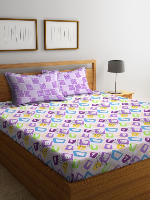 

BOMBAY DYEING White & Purple Geometric 120 TC Cotton 1 Queen Bedsheet with 2 Pillow Covers