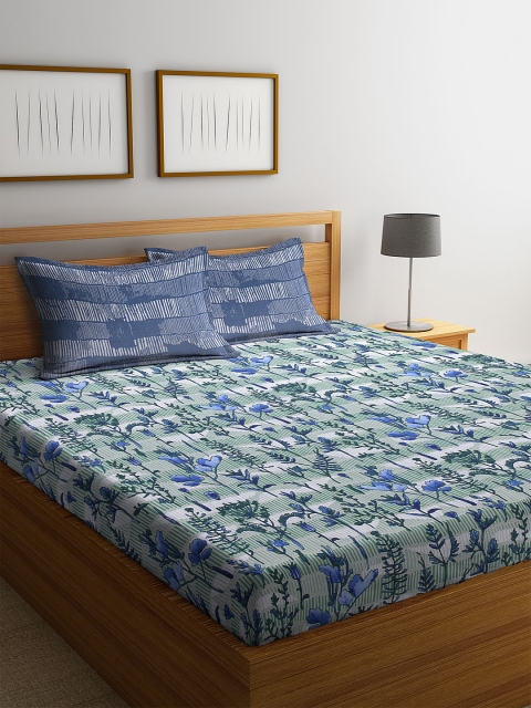 

BOMBAY DYEING Blue Floral 120 TC Cotton 1 Queen Bedsheet with 2 Pillow Covers