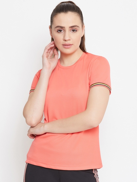 

PERFKT-U Women Orange Striped Round Neck T-shirt