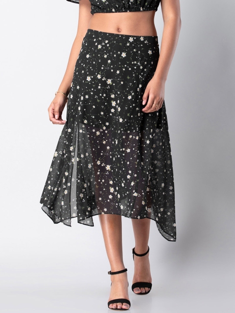 

FabAlley Women Black & Off-White Floral Printed Side Slit A-Line Midi Skirt