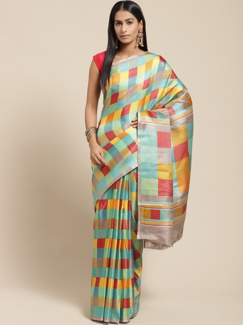 

Vaamsi Blue & Yellow Checked Bhagalpuri Saree