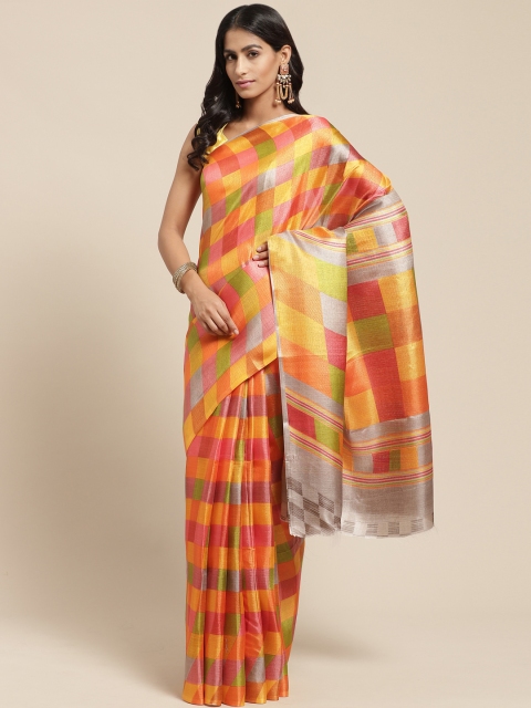 

Vaamsi Orange & Yellow Checked Bhagalpuri Saree
