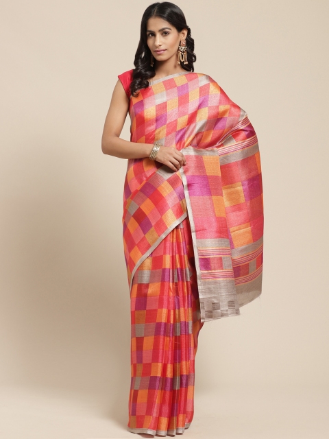 

Vaamsi Pink & Orange Checked Bhagalpuri Saree