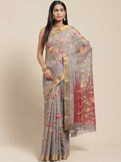 

Vaamsi Grey & Rust Orange Floral Printed Chanderi Saree