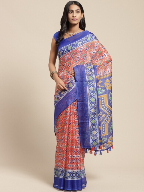 

Vaamsi Orange & Blue Printed Kota Saree