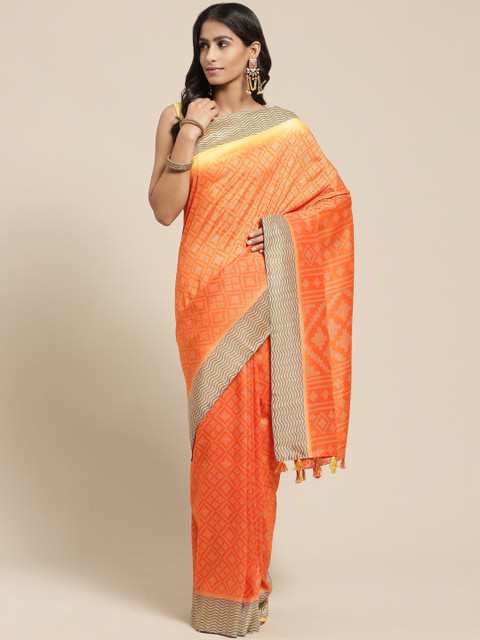 

Vaamsi Orange & Beige Printed Chanderi Saree