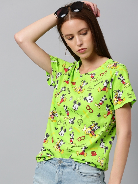 

Kook N Keech Disney Women Lime Green & Black Mickey Mouse Printed Round Neck T-shirt