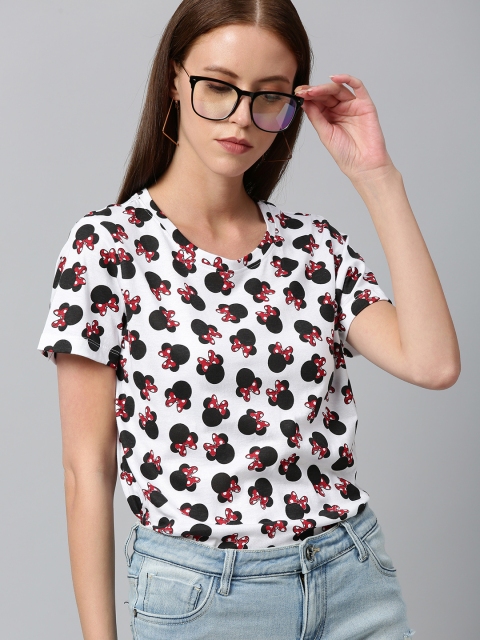 

Kook N Keech Disney Women White Black Minnie Mouse Printed Round Neck Pure Cotton T-shirt