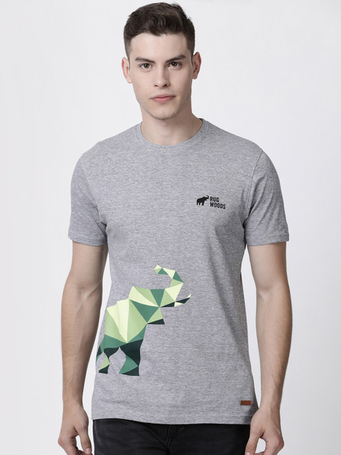 

RUG WOODS Men Grey Melange Placement Printed Round Neck T-shirt