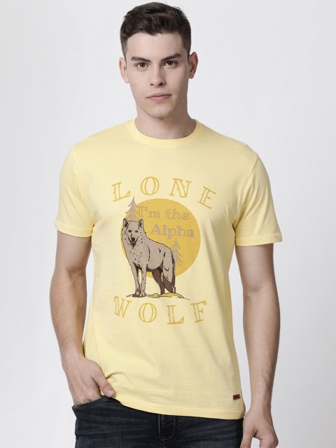 

RUG WOODS Men Yellow Printed Round Neck T-shirt
