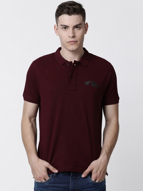 

RUG WOODS Men Burgundy Solid Polo Collar Pure Cotton T-shirt