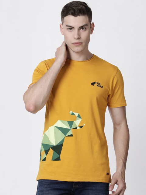 

RUG WOODS Men Yellow Printed Round Neck T-shirt