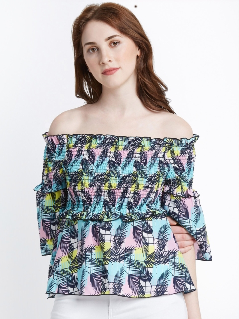 

Forever Glam by Pantaloons Women Blue & Black Printed Bardot Top with Smocking