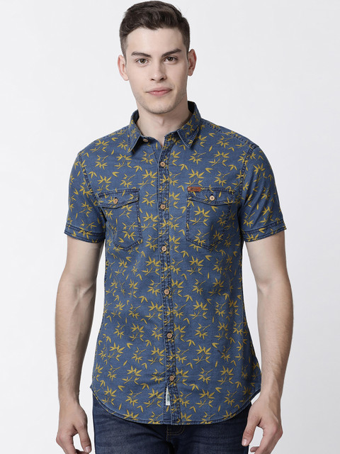 

RUG WOODS Men Blue & Yellow Floral Print Casual Shirt