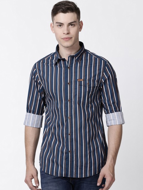 

RUG WOODS Men Navy Blue & White Slim Fit Striped Casual Shirt