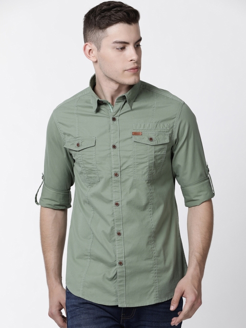 

RUG WOODS Men Olive Green Regular Fit Solid Casual Shirt