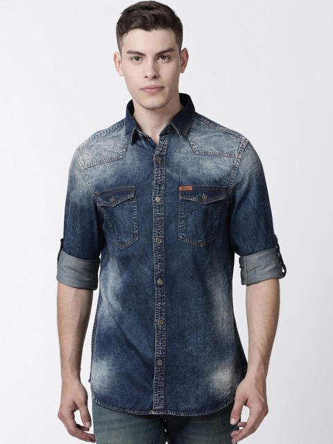 

RUG WOODS Men Navy Blue Regular Fit Faded Denim Casual Shirt