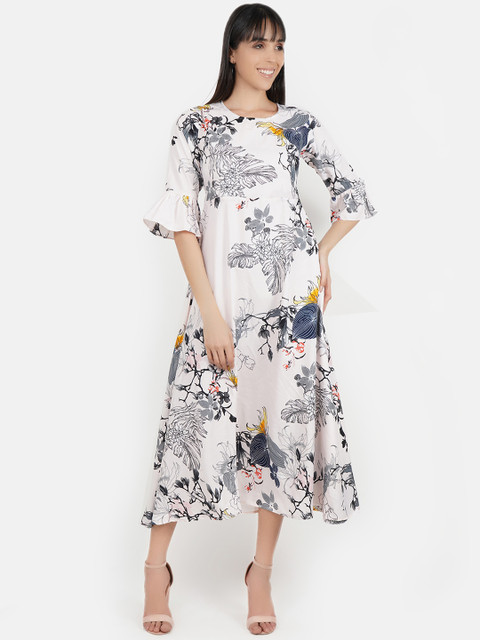 

Indietoga Women White Printed Fit and Flare Dress