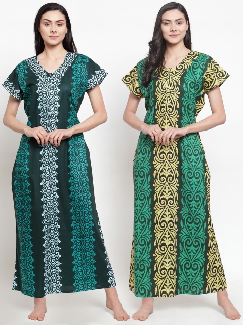 

Secret Wish Pack Of 2 Green & Yellow Printed Nightdress
