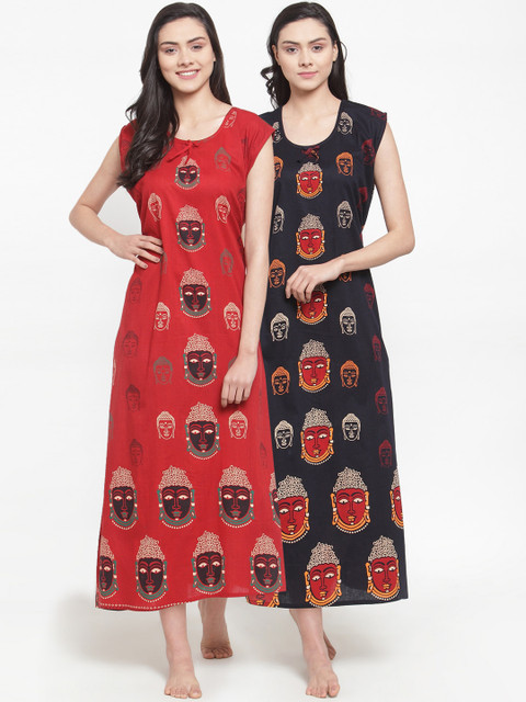 

Secret Wish Women Pack of 2 Buddha Printed Nightdresses, Red