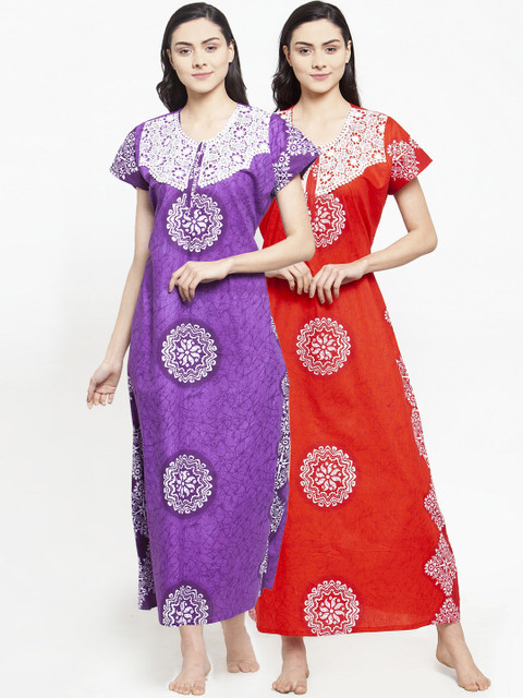 

Secret Wish Women Pack of 2 Printed Nightdresses, Purple