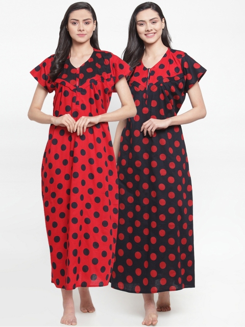 

Secret Wish Women Maternity Pack of 2 Polka Dots Printed Nightdresses, Red