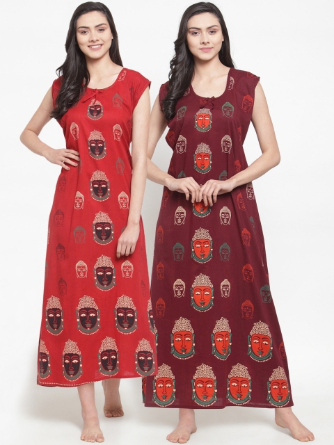 

Secret Wish Women Pack of 2 Buddha Printed Nightdresses, Red