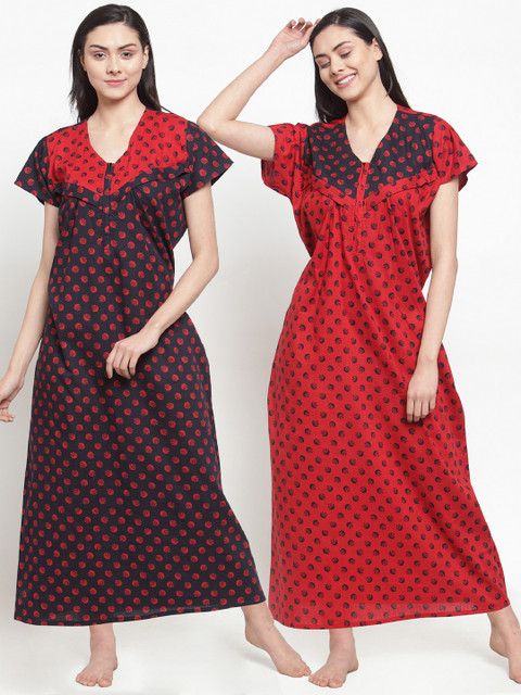 

Secret Wish Pack Of 2 Black & Red Printed Maternity Nightdress