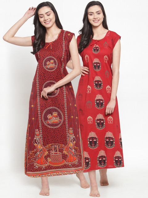 

Secret Wish Pack Of 2 Maroon & Red Printed Nightdress