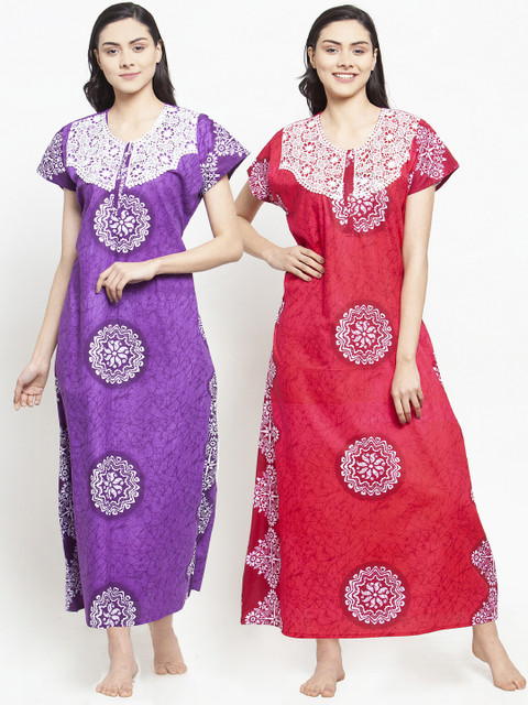 

Secret Wish Women Pack of 2 Printed Nightdresses, Purple