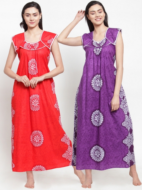 

Secret Wish Women Pack of 2 Printed Nightdress, Red