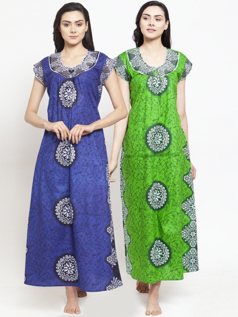 Pack Of 2 Blue & Green Printed Nightdress