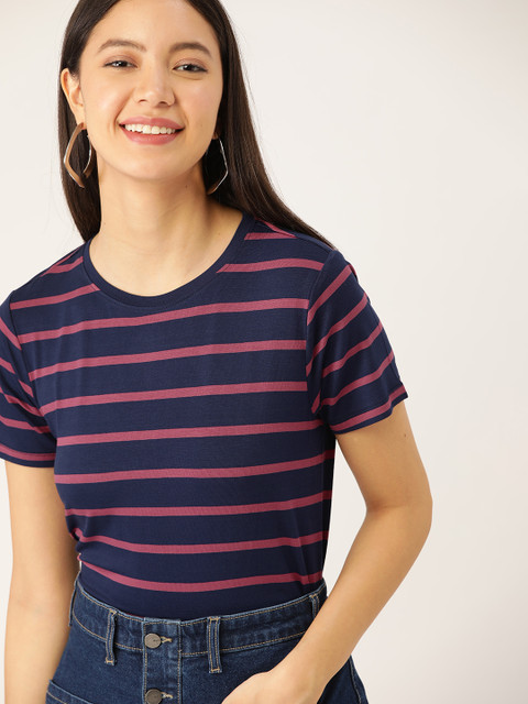 

DressBerry Women Navy Blue & Pink Striped Round Neck T-shirt