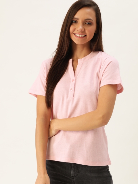 

DressBerry Women Pink Solid Mandarin Collar T-shirt