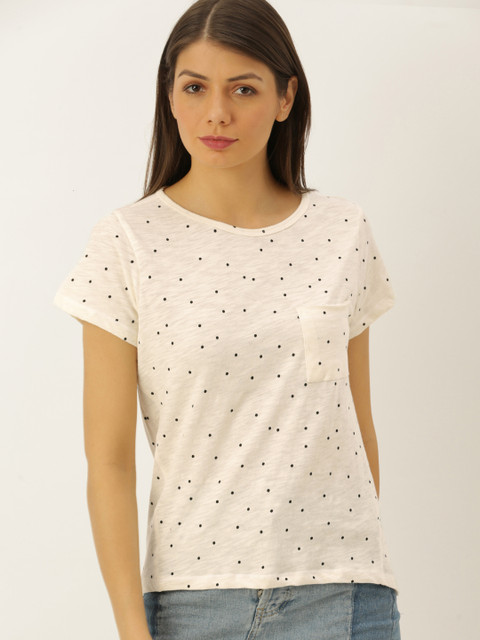 

DressBerry Women Cream-Coloured Printed Regular Fit Round Neck T-shirt
