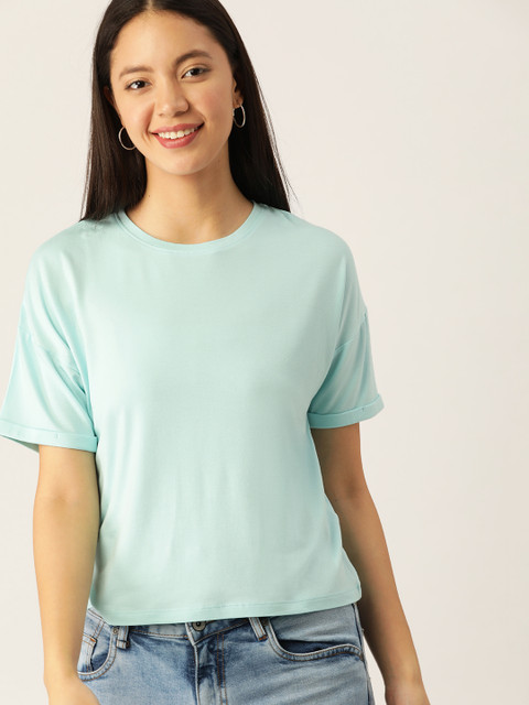

DressBerry Women Blue Solid Round Neck Boxy T-shirt
