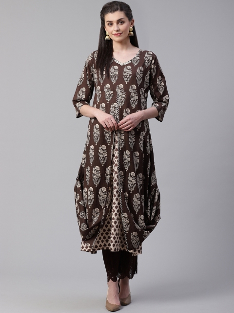 

Divena Women Coffee Brown & Beige Kantha Work Printed Layered Asymmetric A-Line Kurta